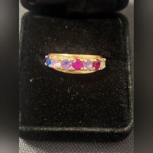 10K Gold Genuine Ruby Sapphire Amethyst Rainbow Band Ring